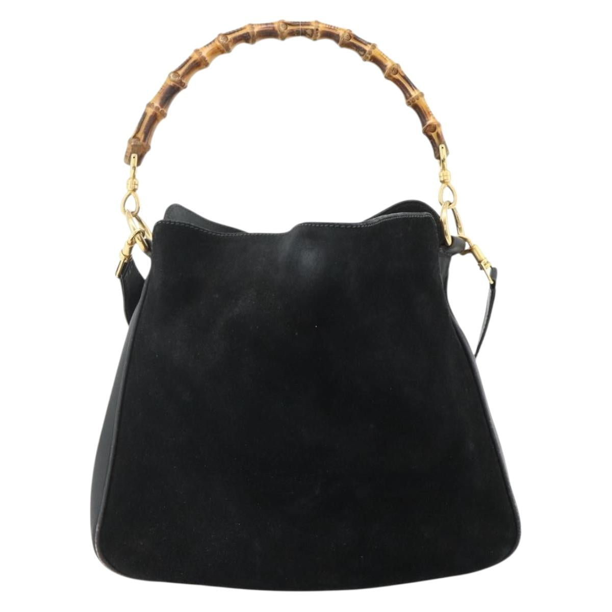 GUCCI Bamboo Hand Bag Suede 2way Black Gold 001 2113 1638 Auth ti3930
