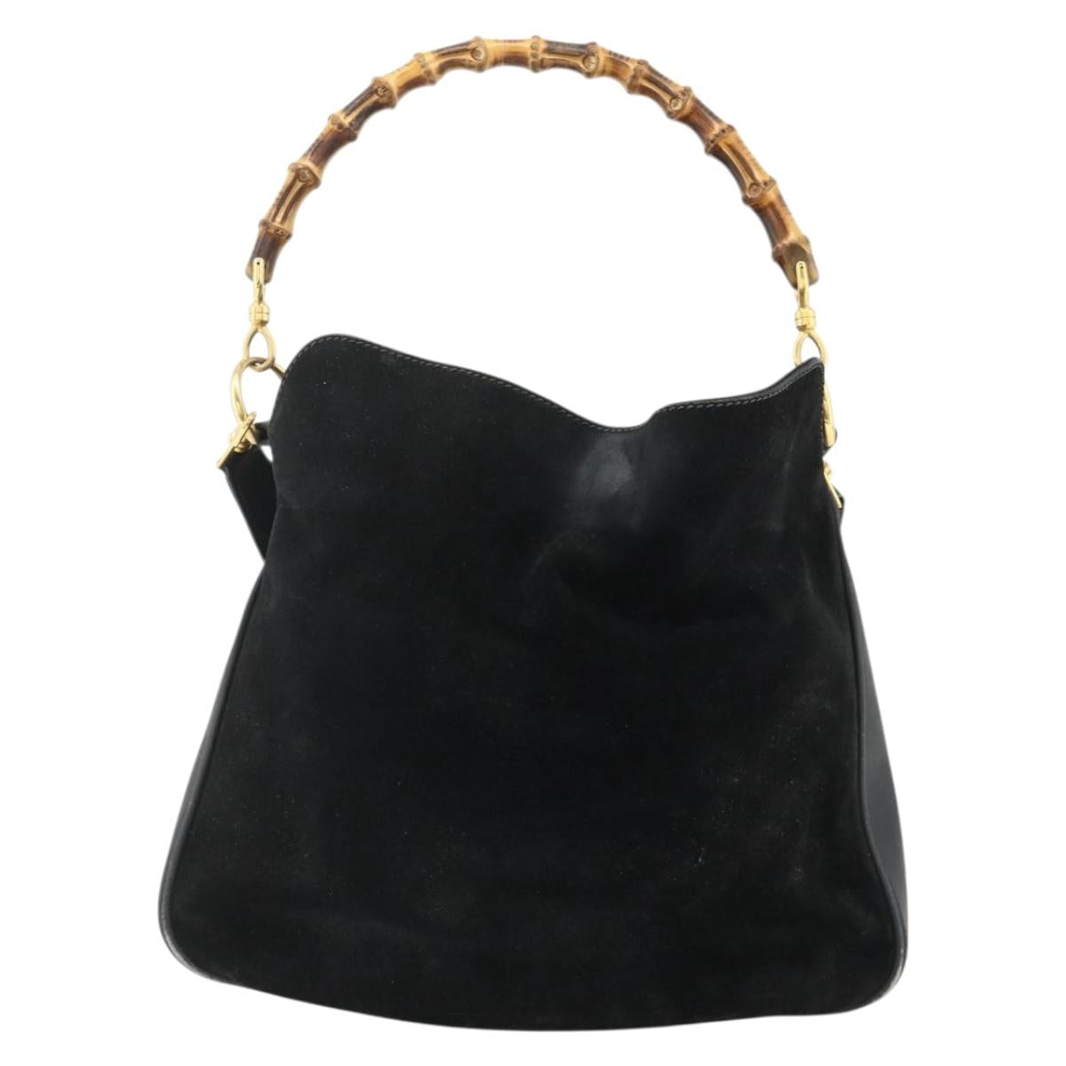 GUCCI Bamboo Hand Bag Suede 2way Black Gold 001 2113 1638 Auth ti3930