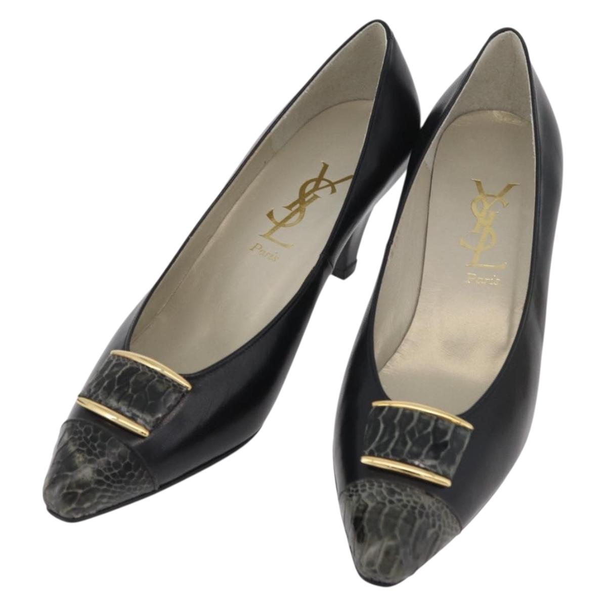 SAINT LAURENT Heel Leather Black Gold Auth ti3935