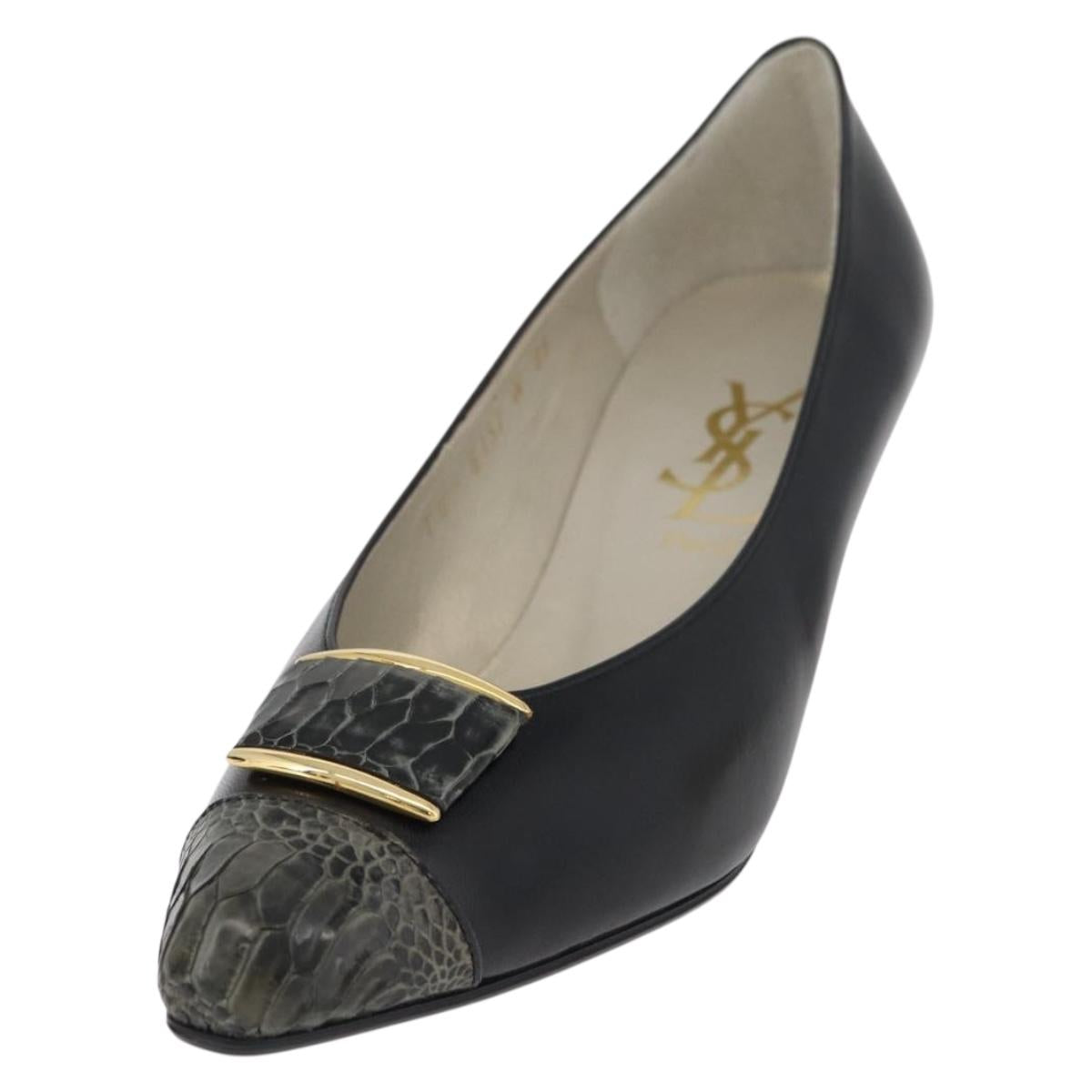SAINT LAURENT Heel Leather Black Gold Auth ti3935