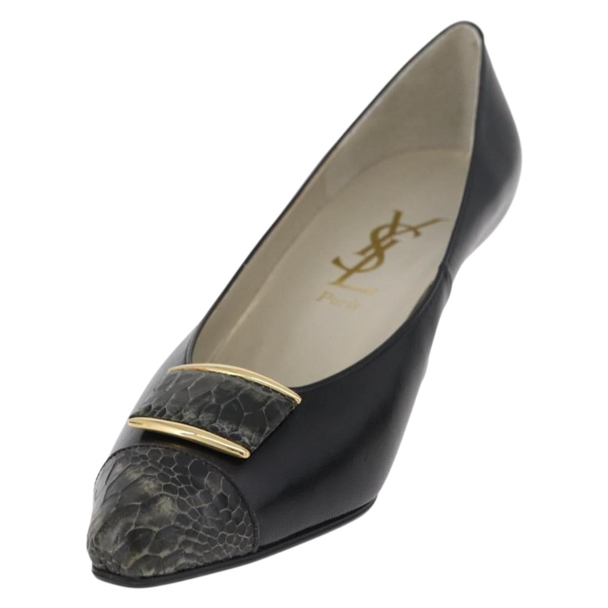 SAINT LAURENT Heel Leather Black Gold Auth ti3935