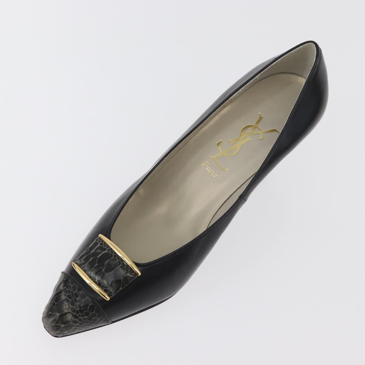 SAINT LAURENT Heel Leather Black Gold Auth ti3935