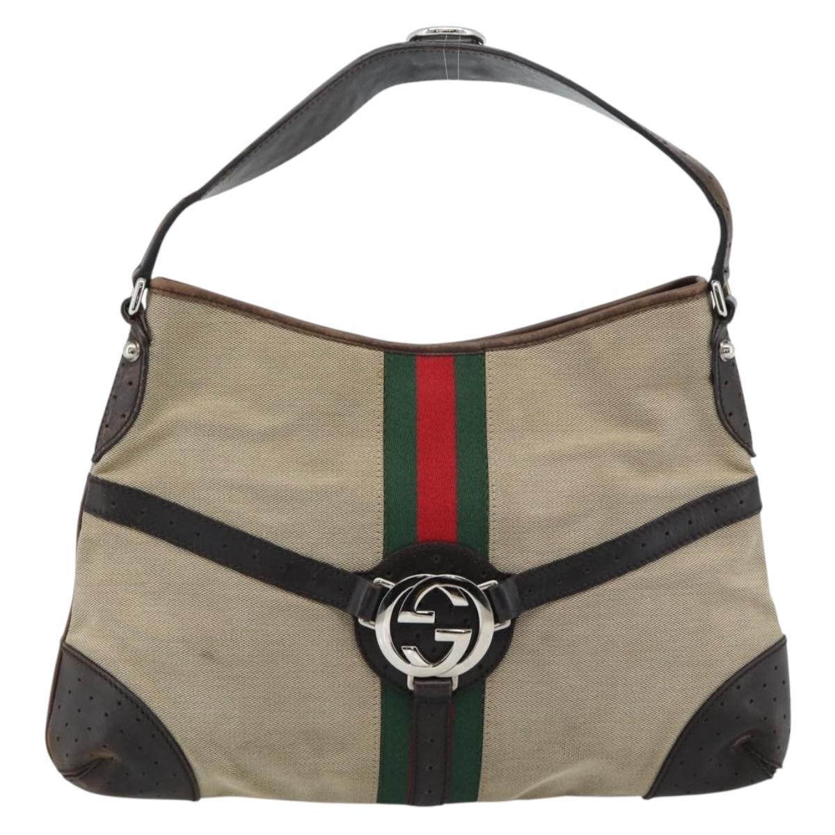 GUCCI Web Sherry Line Shoulder Bag Canvas Beige Silver 114879 Auth ti3962