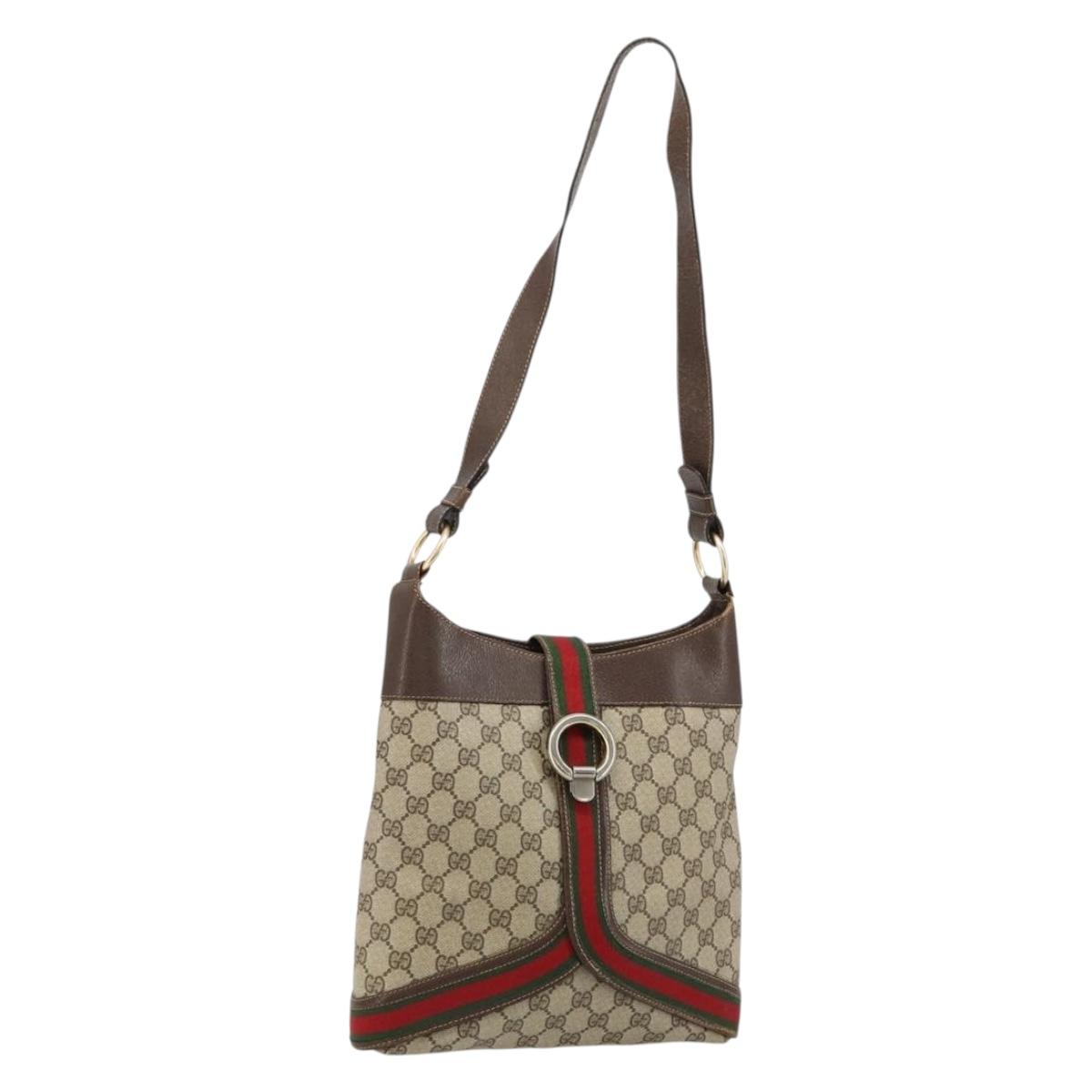 GUCCI GG Supreme Web Sherry Line Shoulder Bag PVC Beige Gold Auth ti3963