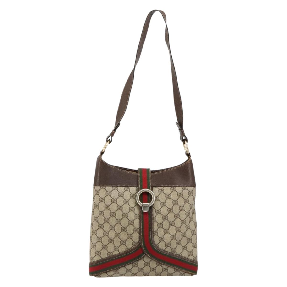 GUCCI GG Supreme Web Sherry Line Shoulder Bag PVC Beige Gold Auth ti3963