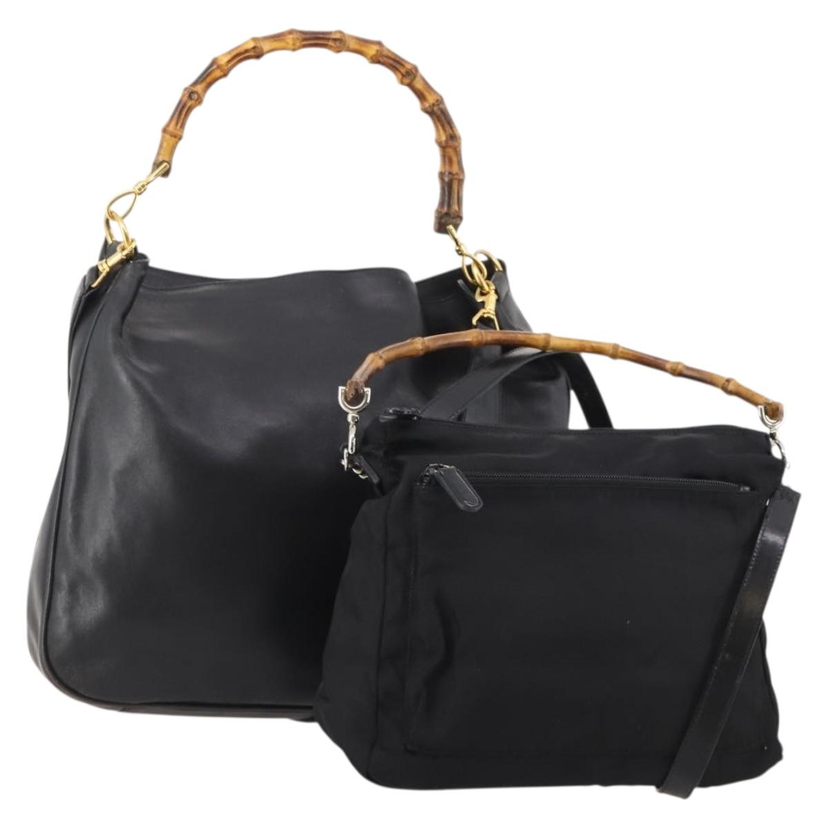 GUCCI Bamboo Shoulder Bag Leather Nylon 2way 2 Set Black Auth ti3966