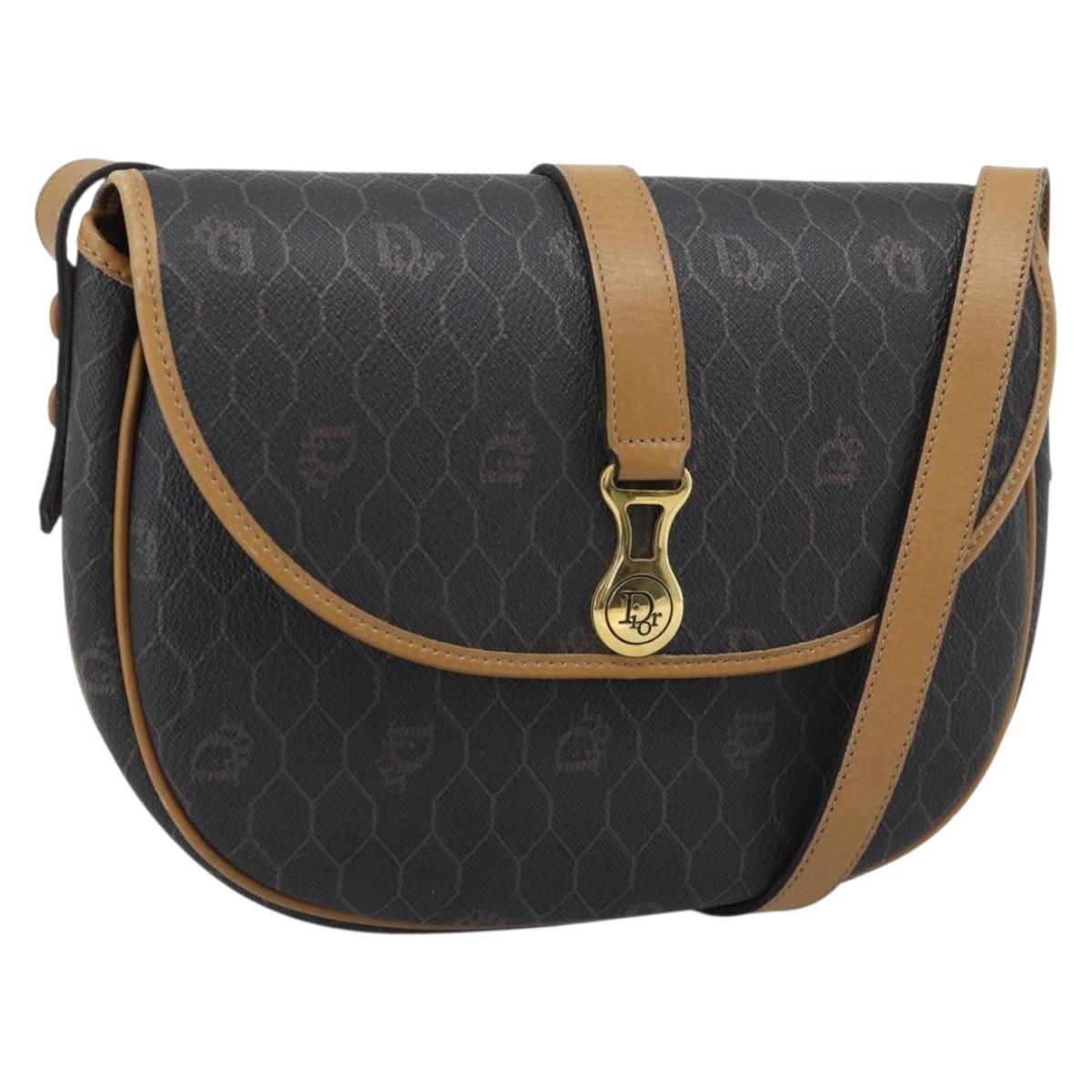 Christian Dior Honeycomb Canvas Shoulder Bag PVC Black Gold Auth ti3972