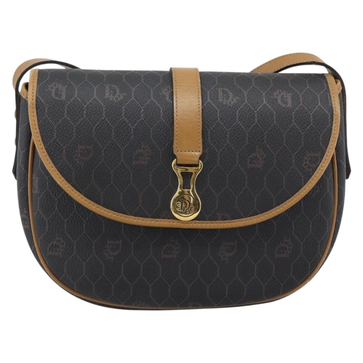 Christian Dior Honeycomb Canvas Shoulder Bag PVC Black Gold Auth ti3972