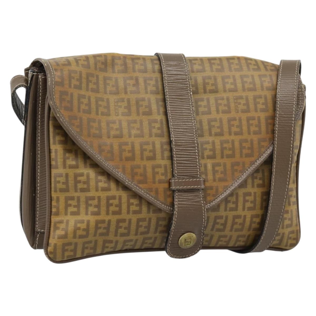 FENDI Zucchino Canvas Shoulder Bag Coated Canvas Beige Gold Auth ti3975