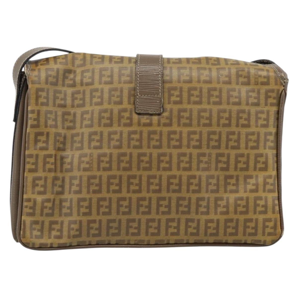 FENDI Zucchino Canvas Shoulder Bag Coated Canvas Beige Gold Auth ti3975