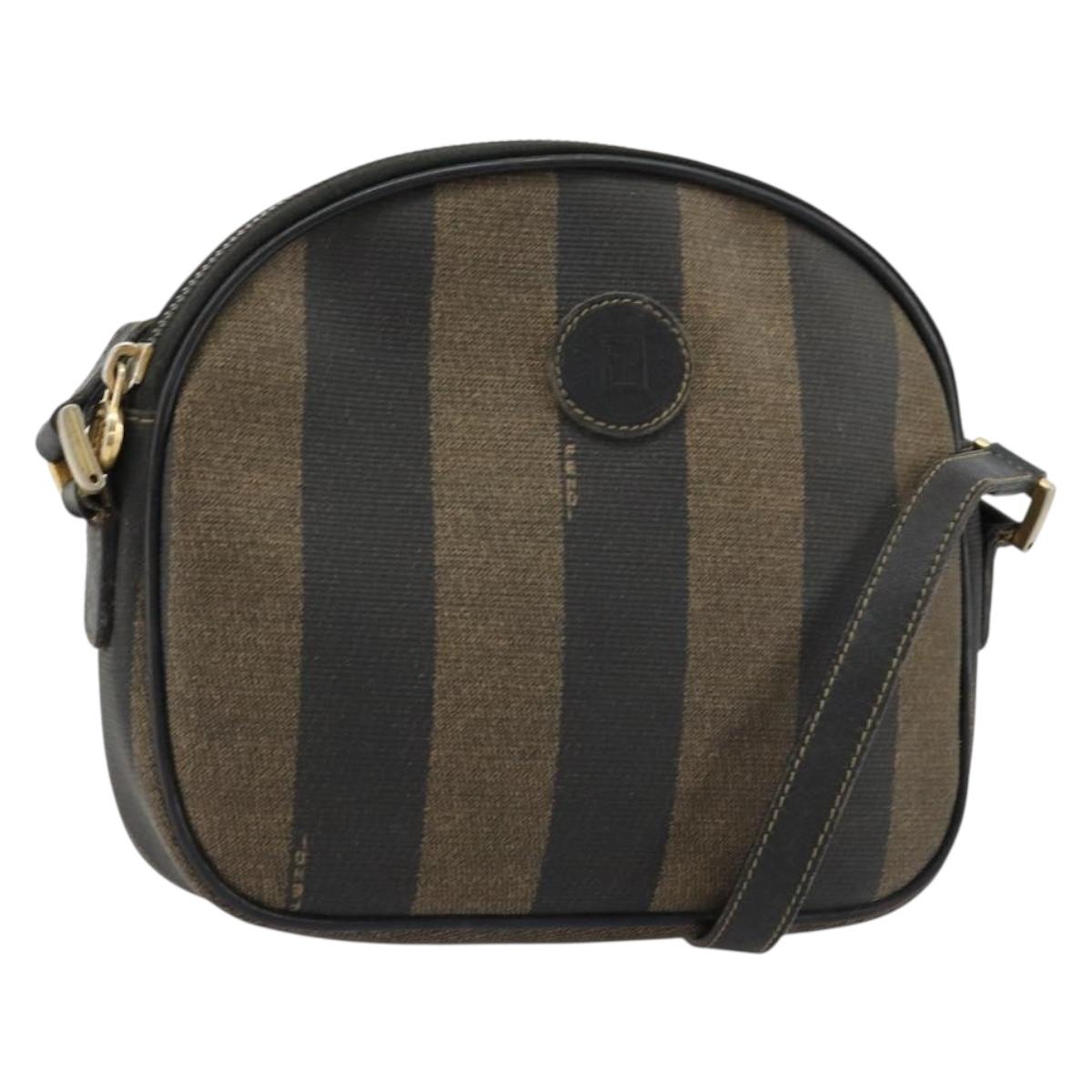 FENDI Pecan Canvas Shoulder Bag PVC Black Brown Auth ti3977