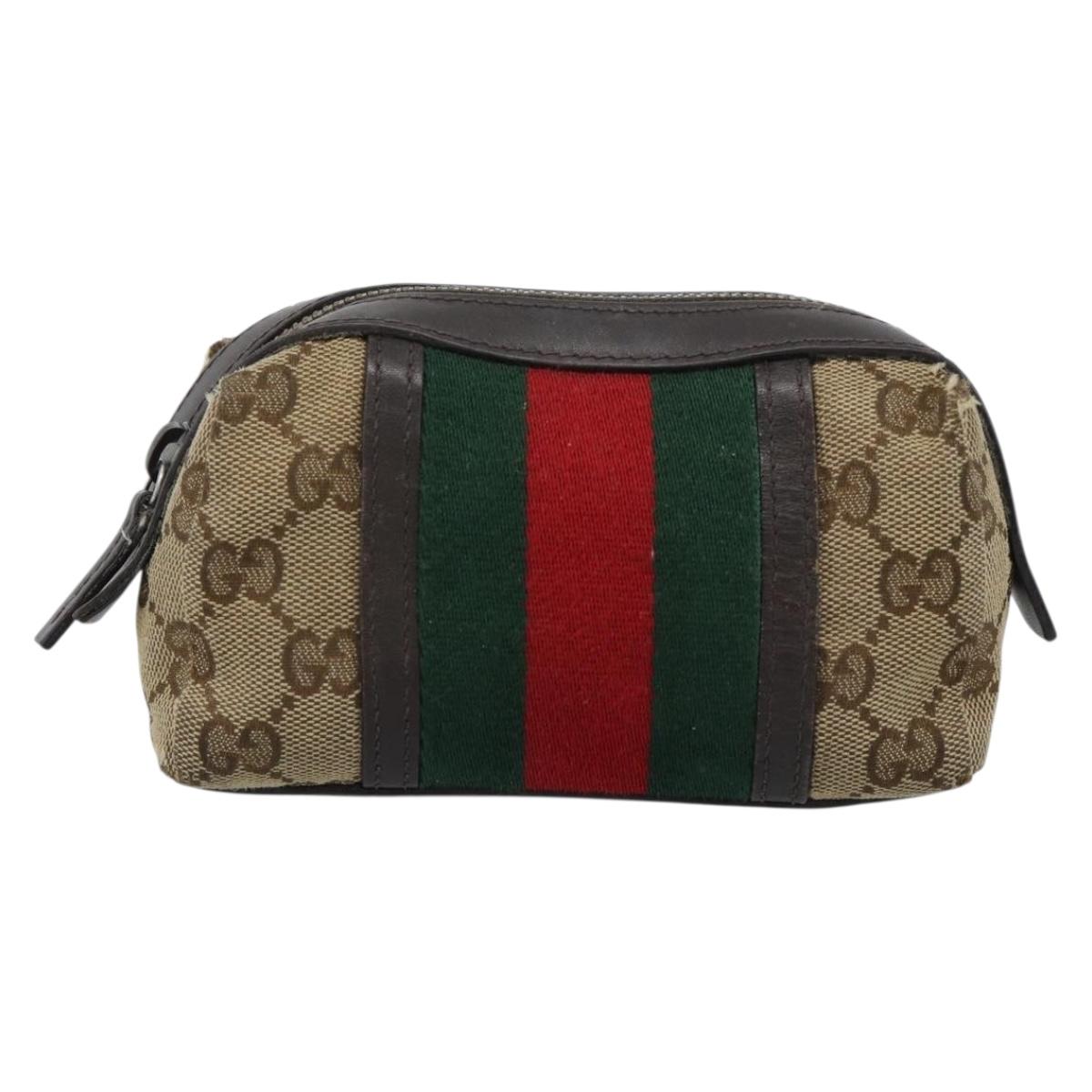GUCCI GG Canvas Web Sherry Line Pouch Beige 256639 Auth ti3981