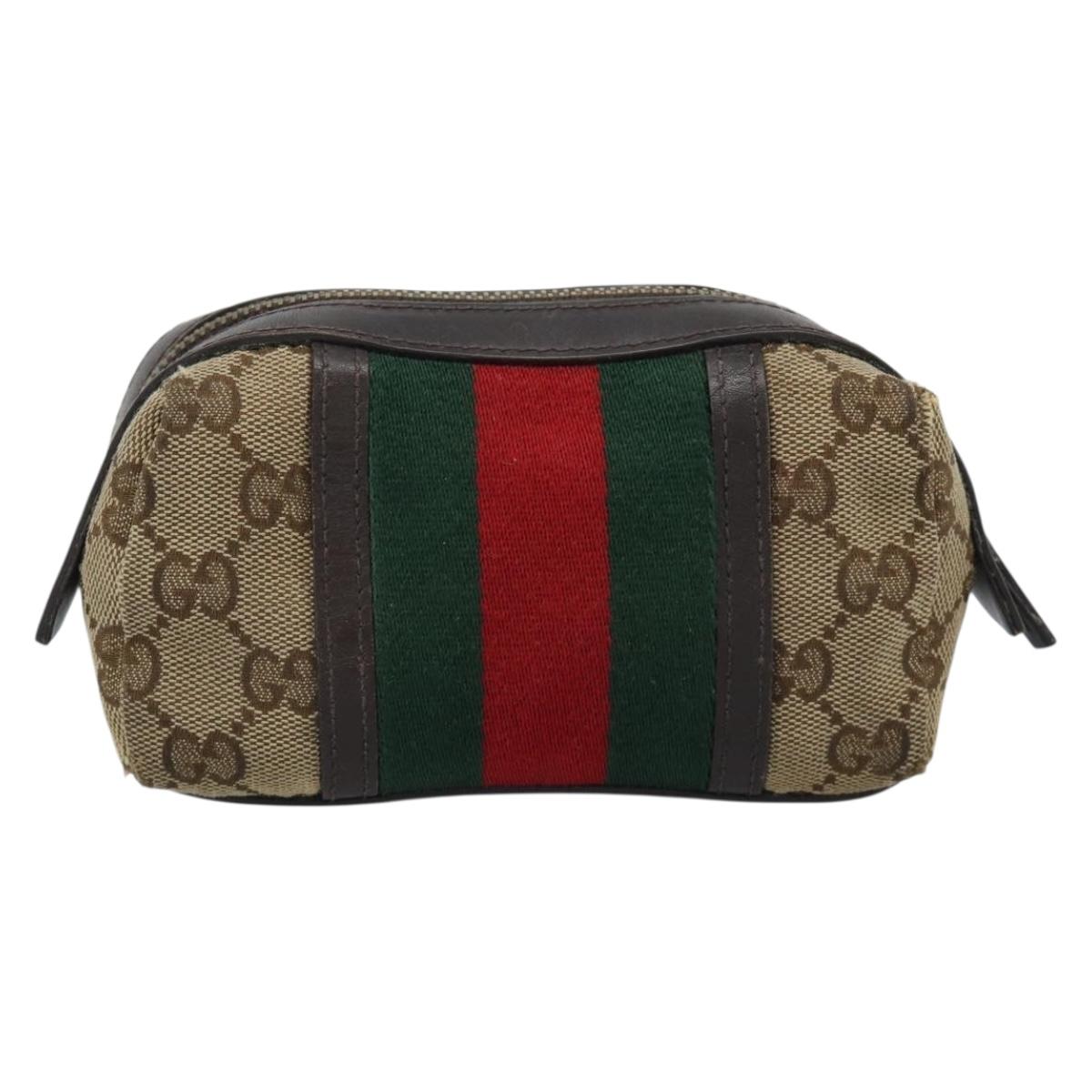 GUCCI GG Canvas Web Sherry Line Pouch Beige 256639 Auth ti3981