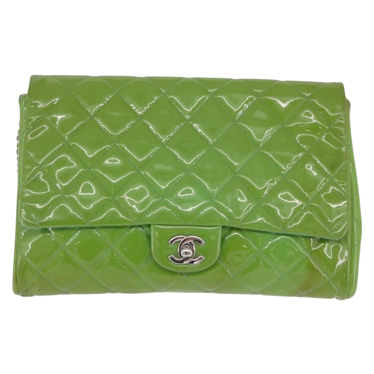 CHANEL Matelasse Shoulder Bag Patent Green Silver CC Auth ti3998A