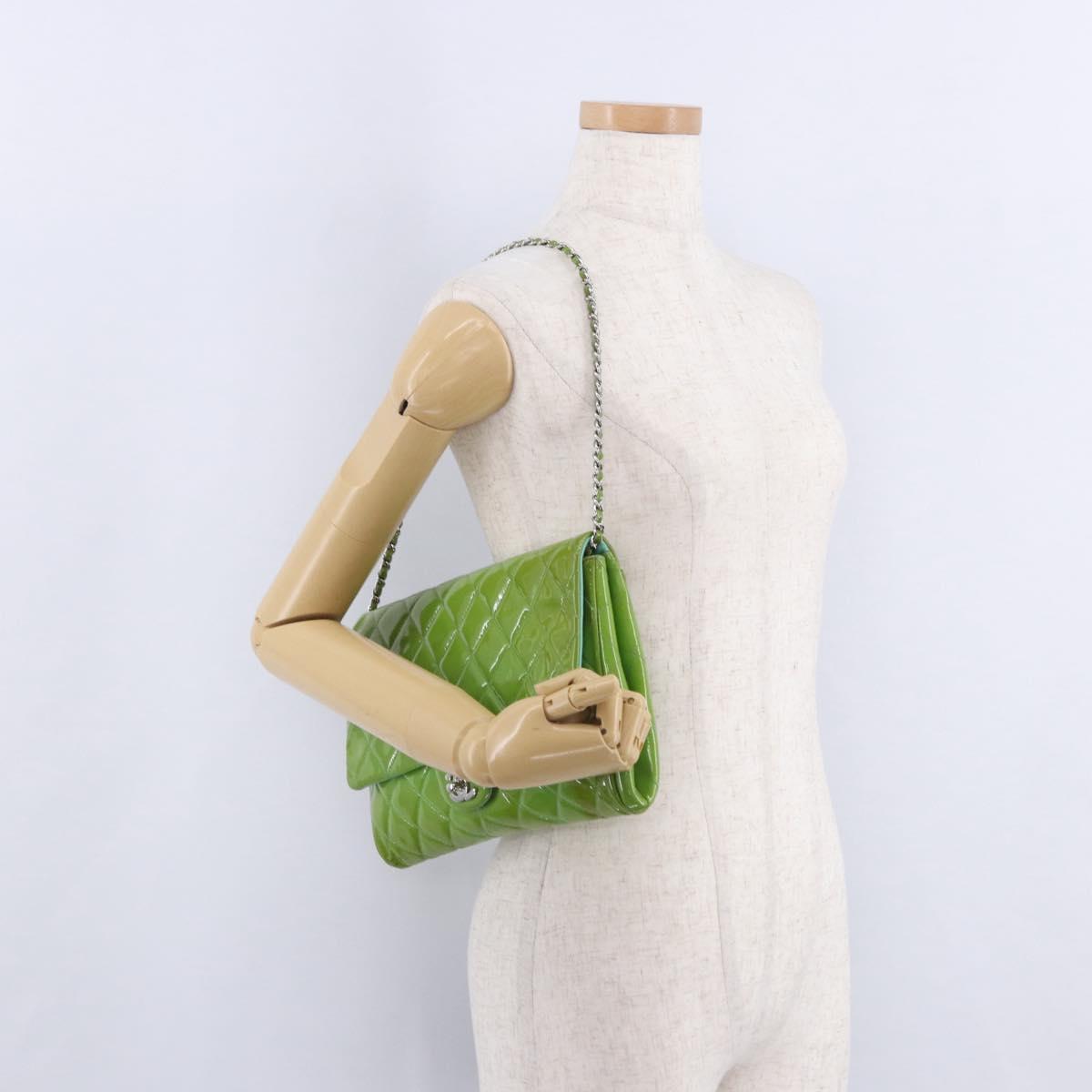 CHANEL Matelasse Shoulder Bag Patent Green Silver CC Auth ti3998A