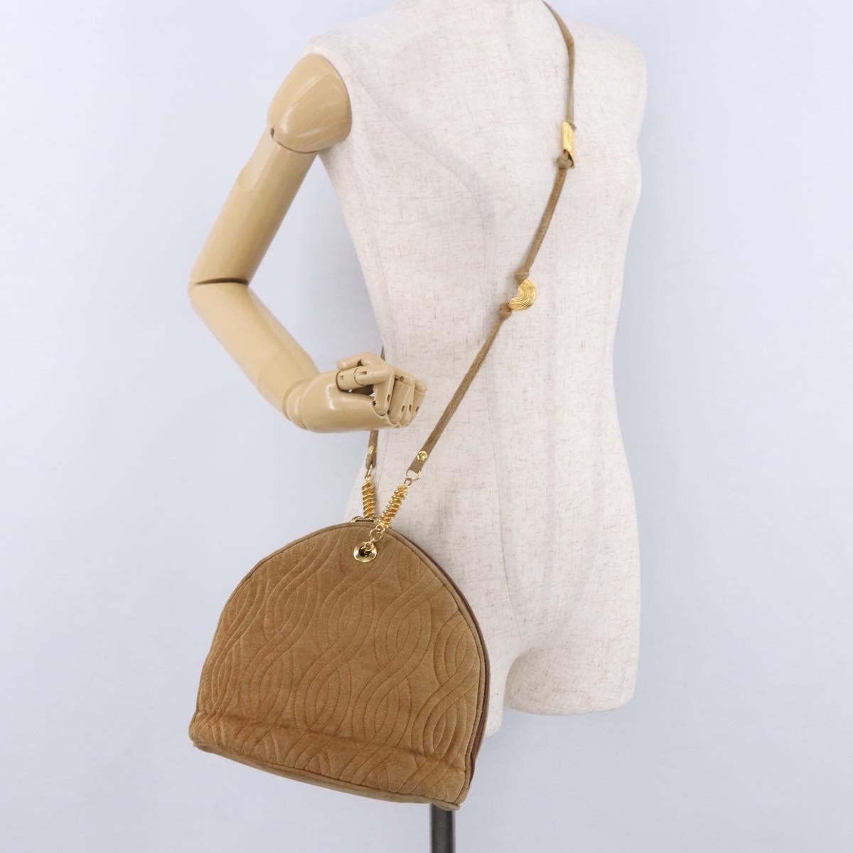 FENDI Macaroni Shoulder Bag Suede Brown Gold Tone Auth ti4003