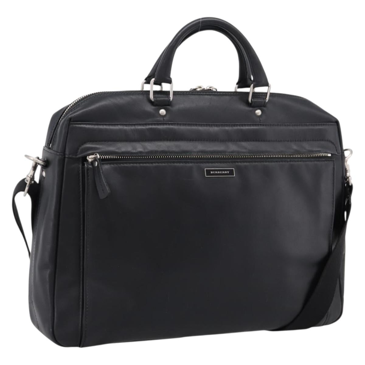 BURBERRY Business Bag Leather 2way Black Silver Auth ti4007