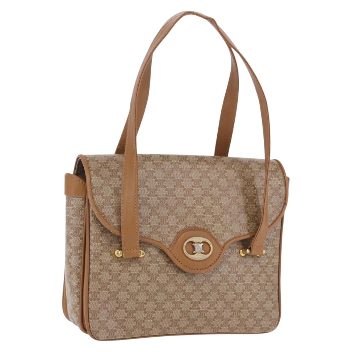 CELINE Macadam Hand Bag PVC Leather Beige Gold Tone Auth ti4018