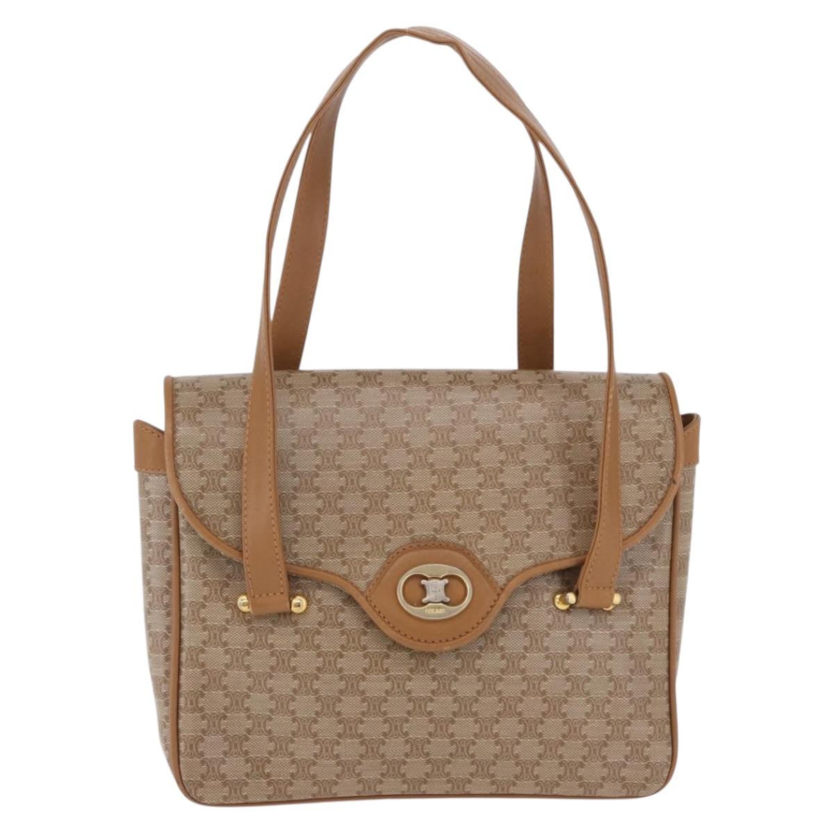 CELINE Macadam Hand Bag PVC Leather Beige Gold Tone Auth ti4018
