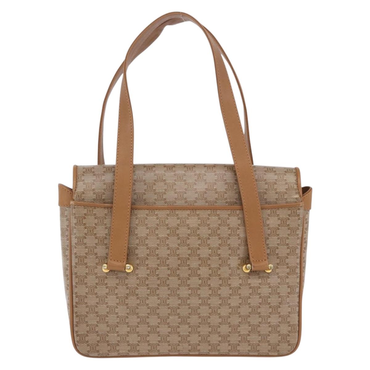 CELINE Macadam Hand Bag PVC Leather Beige Gold Tone Auth ti4018