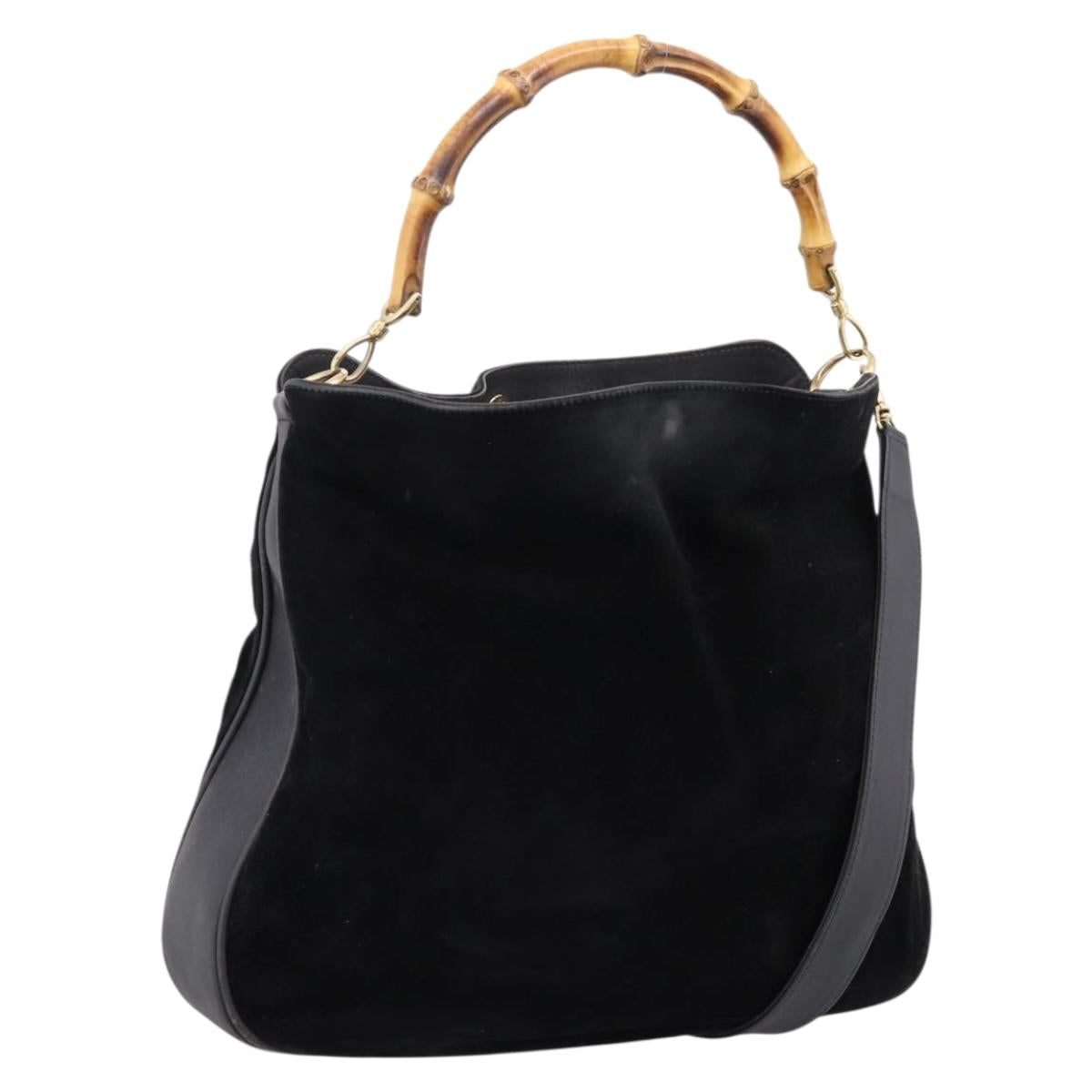 GUCCI Bamboo Hand Bag Suede 2way Black Gold Tone 001 123 1577 Auth ti4022