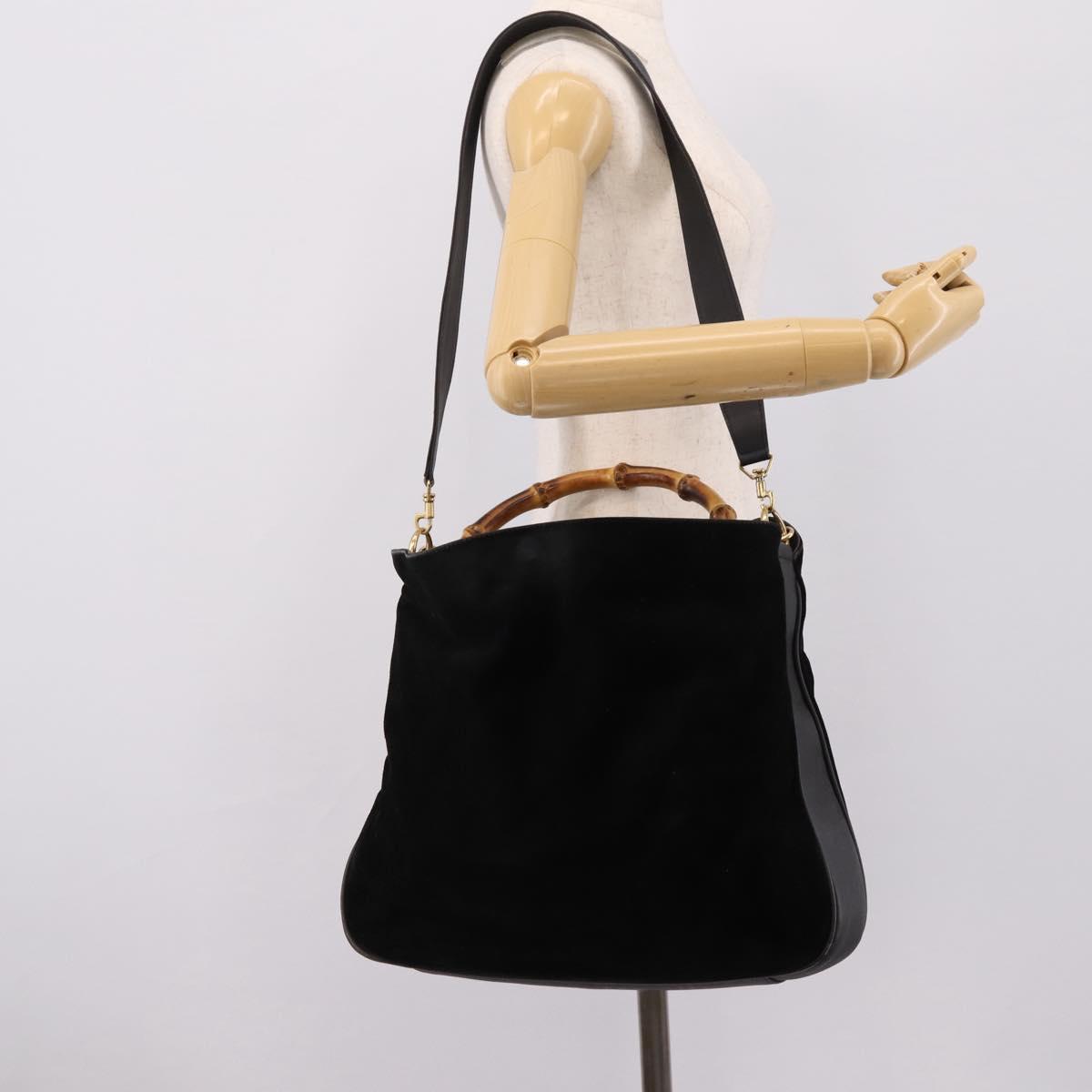 GUCCI Bamboo Hand Bag Suede 2way Black Gold Tone 001 123 1577 Auth ti4022