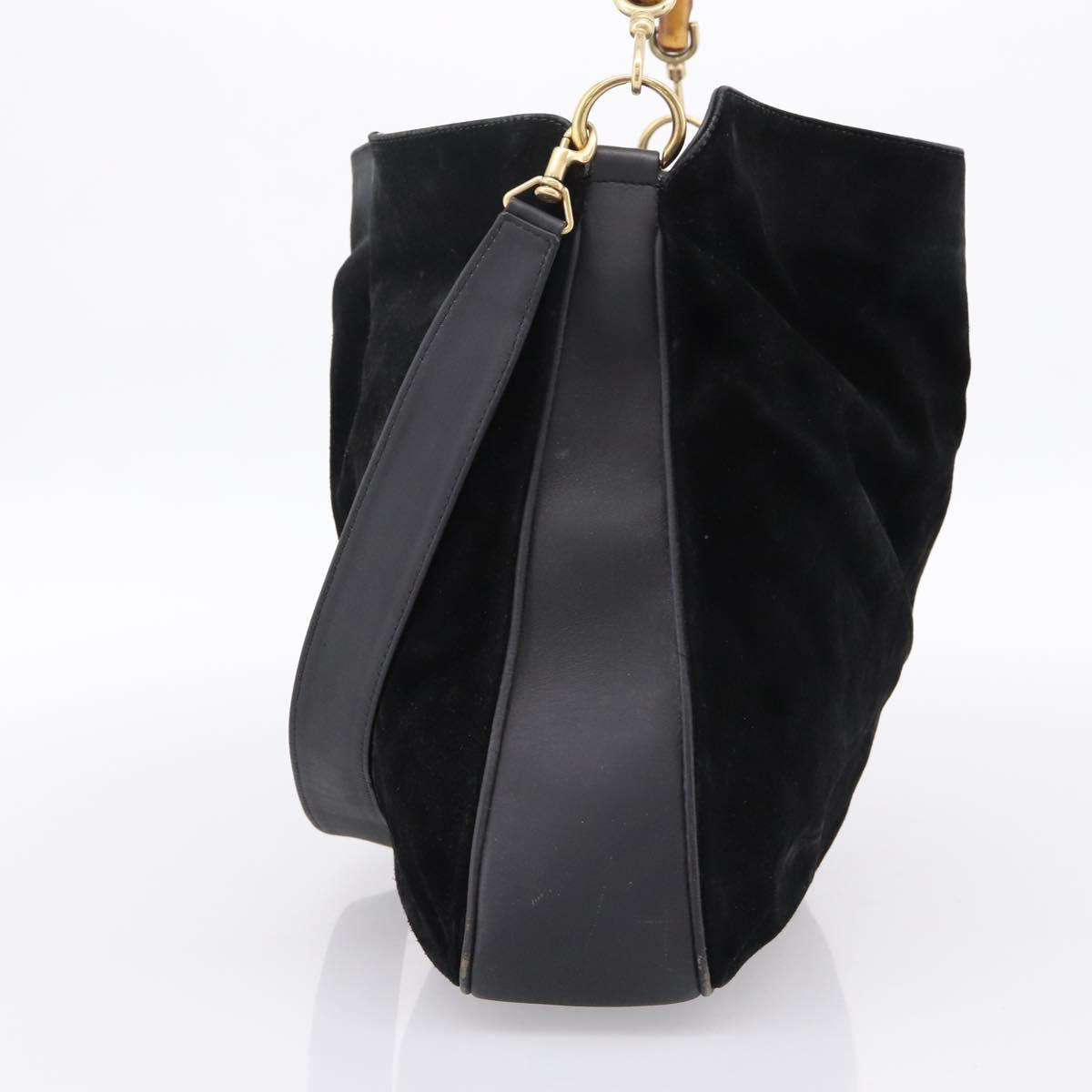 GUCCI Bamboo Hand Bag Suede 2way Black Gold Tone 001 123 1577 Auth ti4022