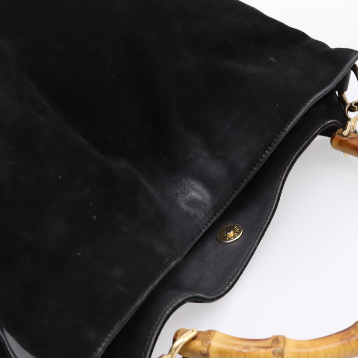 GUCCI Bamboo Hand Bag Suede 2way Black Gold Tone 001 123 1577 Auth ti4022