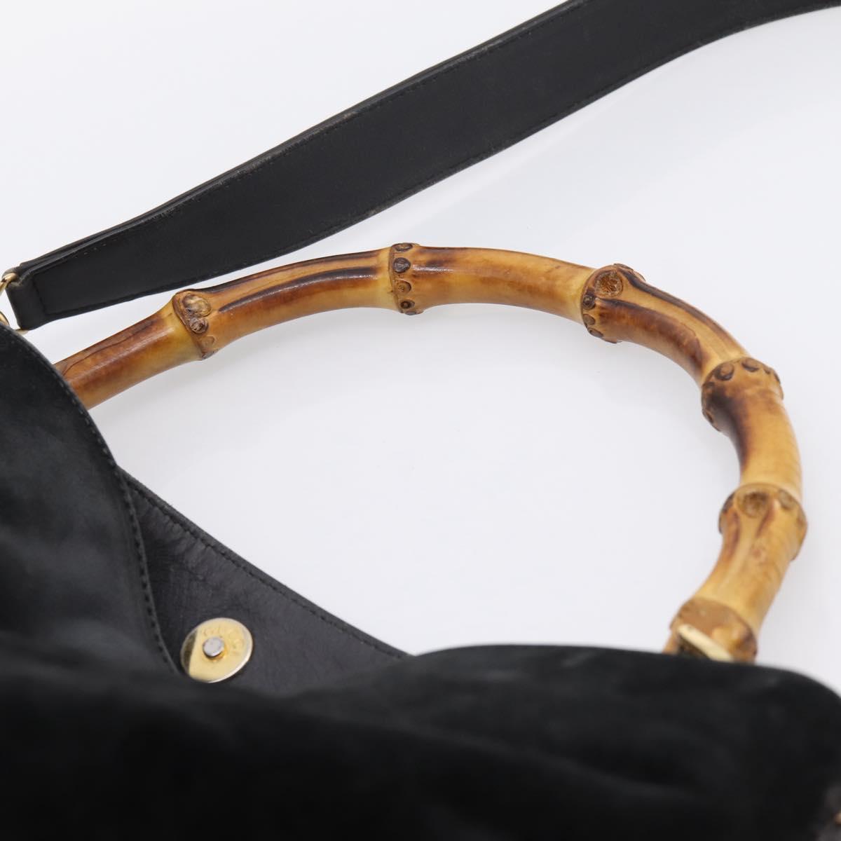 GUCCI Bamboo Hand Bag Suede 2way Black Gold Tone 001 123 1577 Auth ti4022