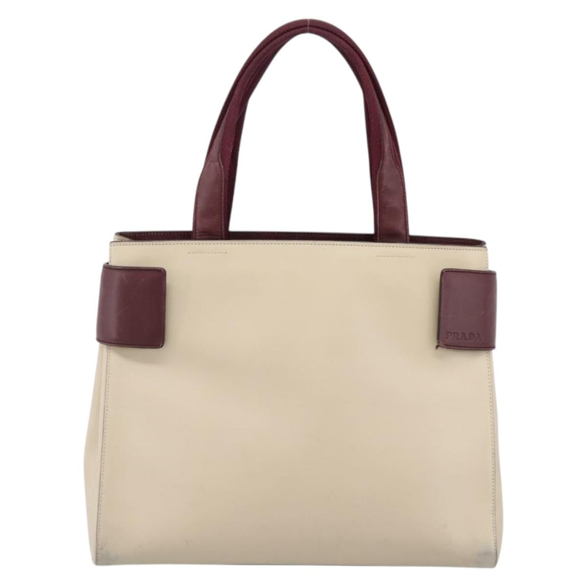 PRADA Hand Bag Leather White Red Auth ti4026