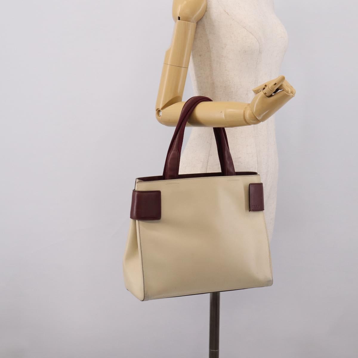 PRADA Hand Bag Leather White Red Auth ti4026