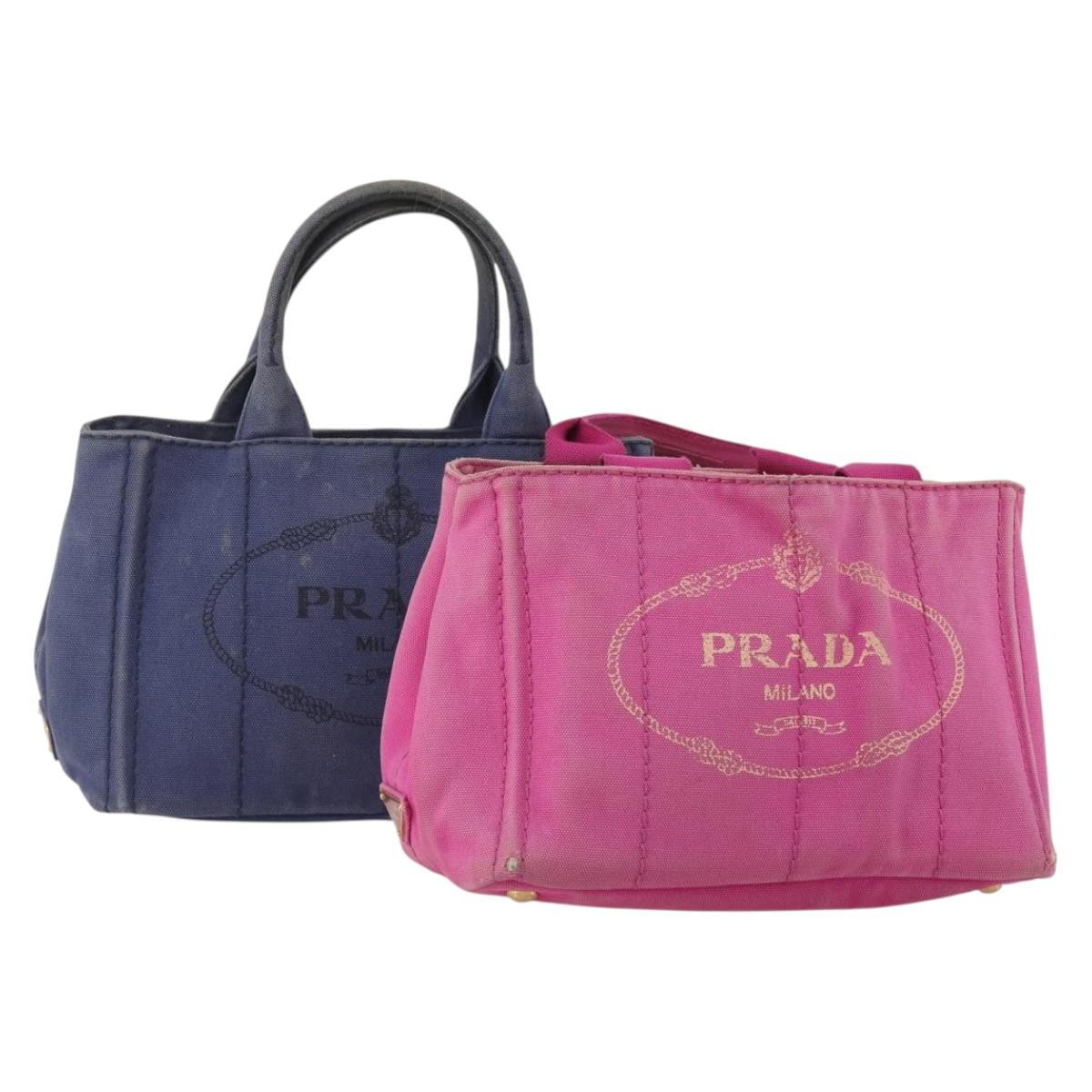 PRADA Canapa PM Hand Bag Canvas 2 Set Pink Navy Auth ti4029