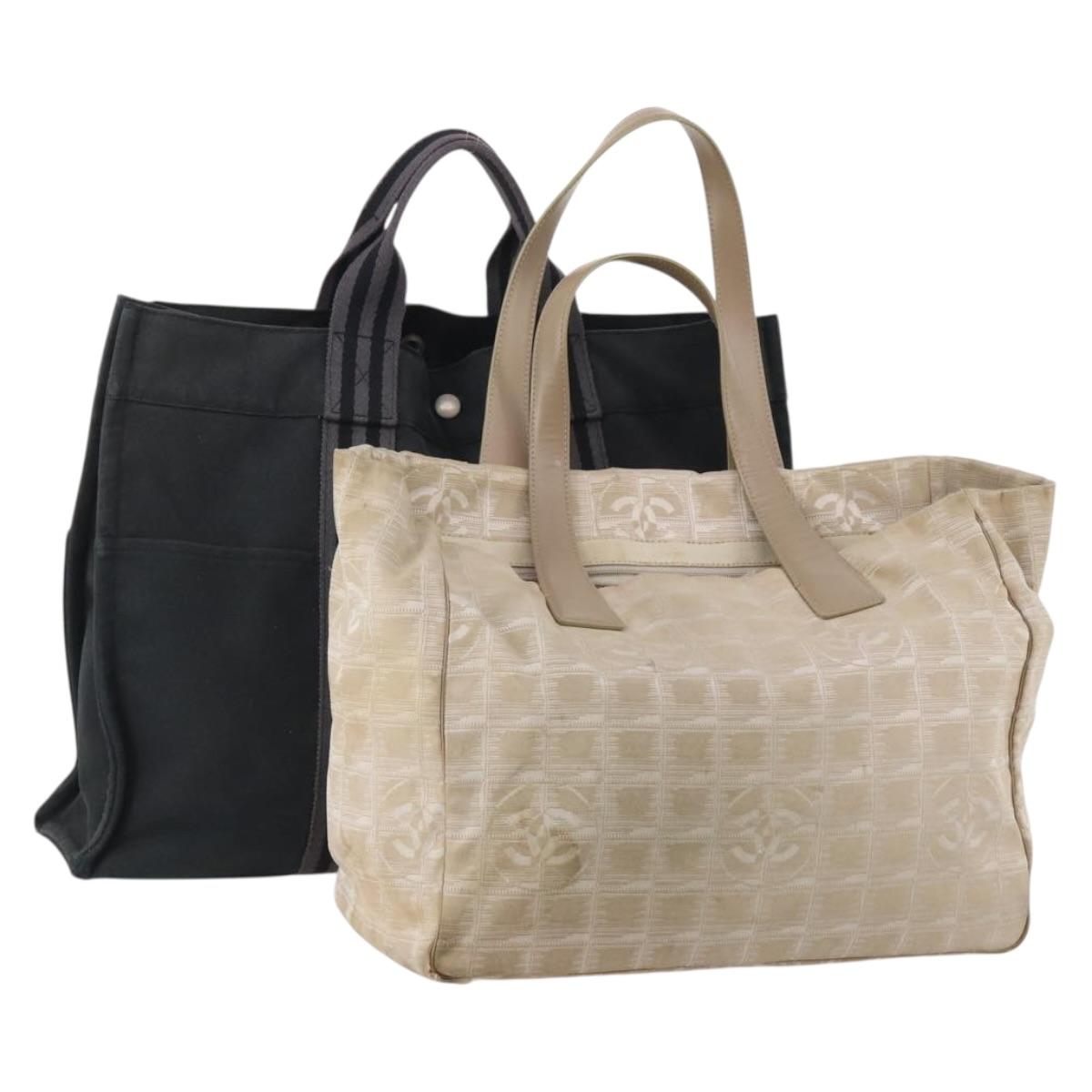 HERMES Chanel Tote Bag Canvas 2 Set Black Beige Auth ti4035