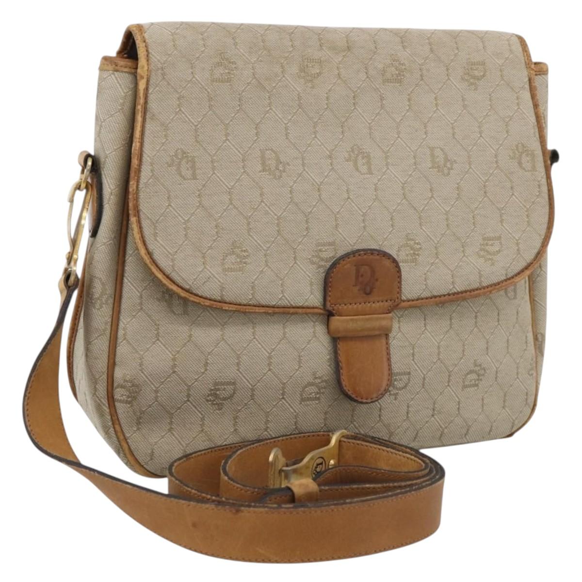 Christian Dior Honeycomb Shoulder Bag Canvas Beige Gold Tone Auth ti4048