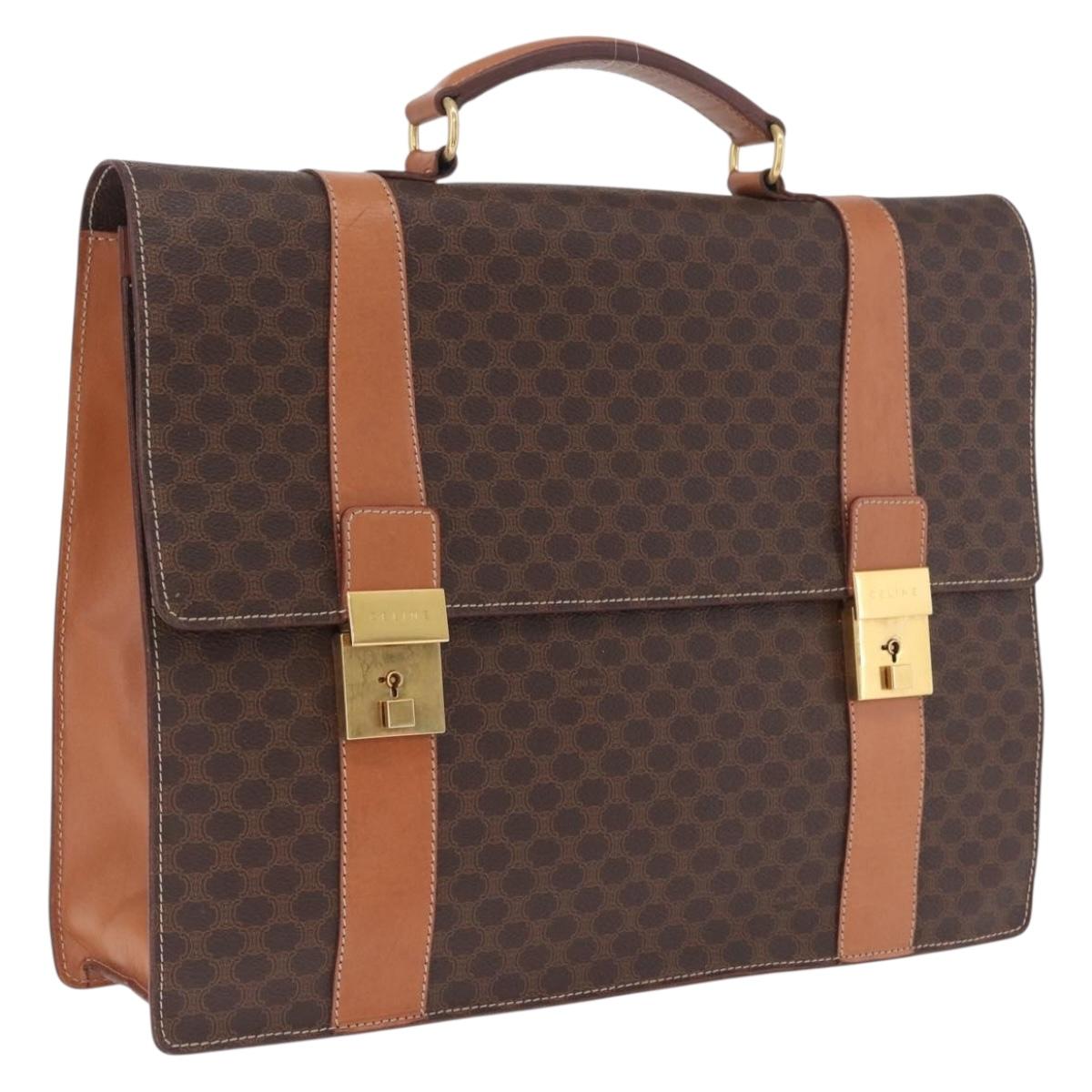 CELINE Macadam Business Bag PVC Brown Gold Tone Auth ti4052