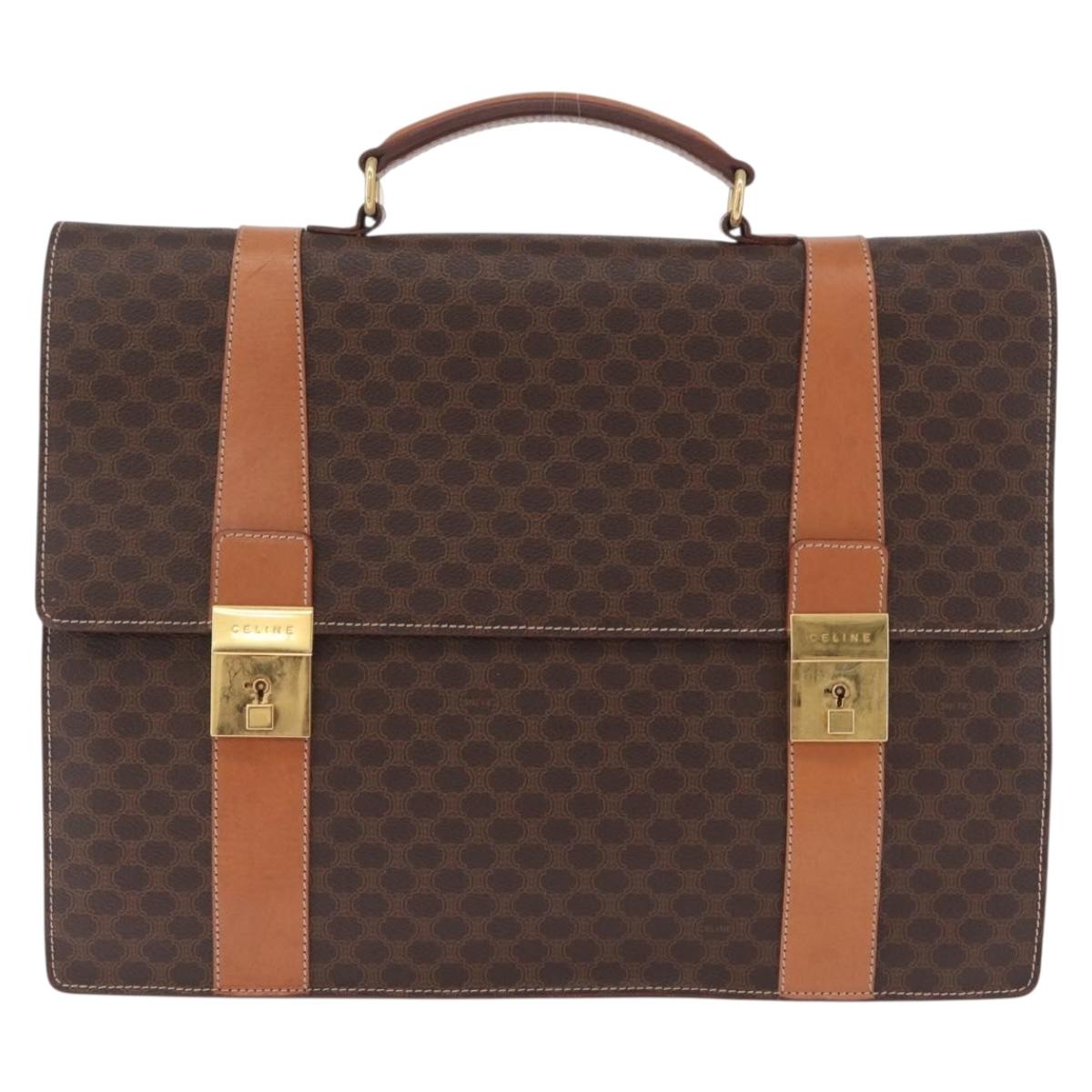 CELINE Macadam Business Bag PVC Brown Gold Tone Auth ti4052