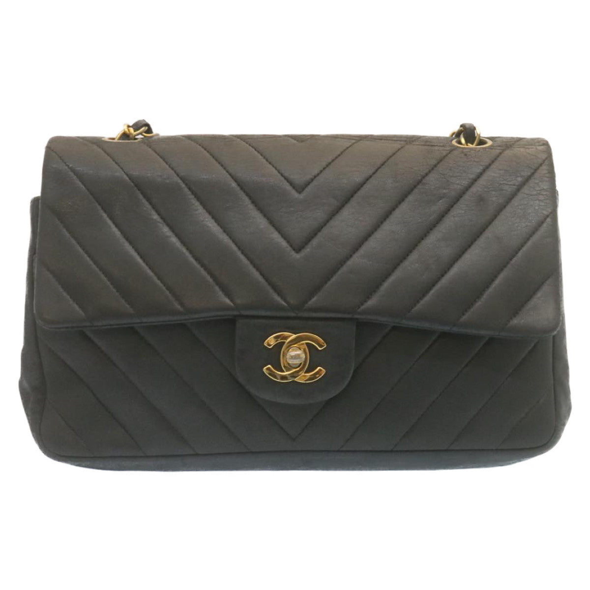 CHANEL Mademoiselle Turn Lock Flap Shoulder Bag Lamb Skin Black CC Auth ai677AV