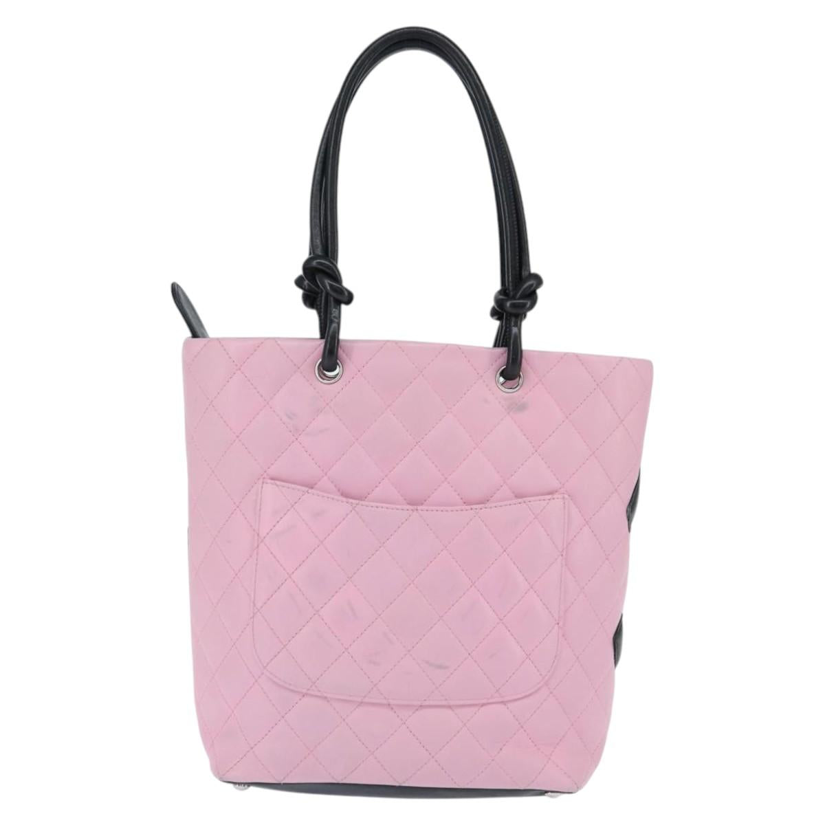 CHANEL Cambon Line Tote Bag Leather Pink Silver black CC Auth TR138