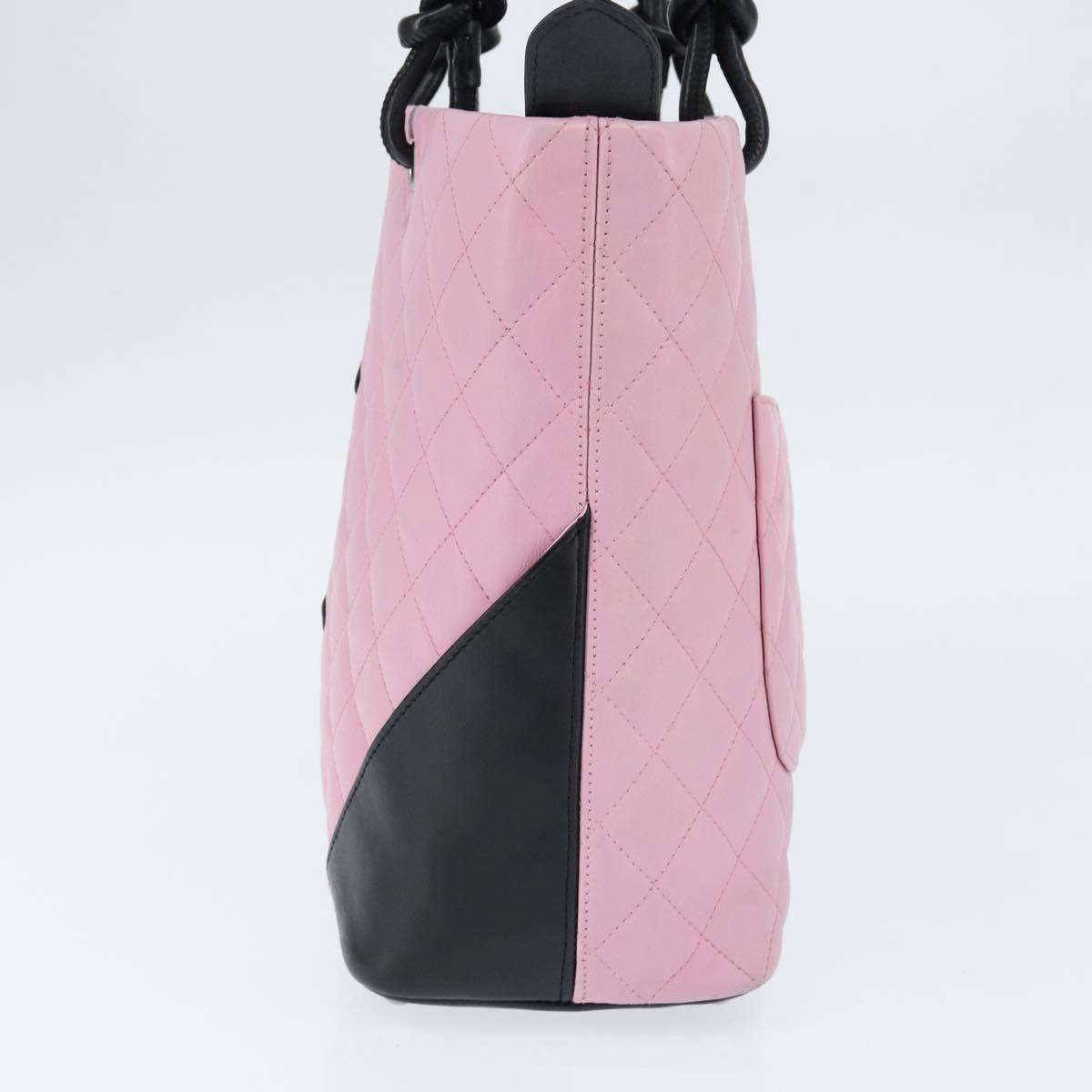 CHANEL Cambon Line Tote Bag Leather Pink Silver black CC Auth TR138