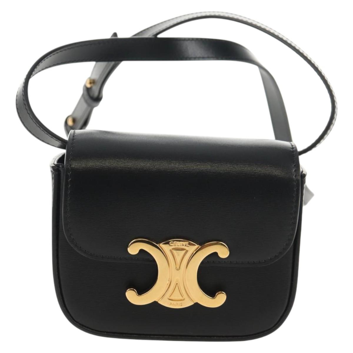 CELINE Mini Triomphe Shoulder Bag Leather Black Gold Auth TR156