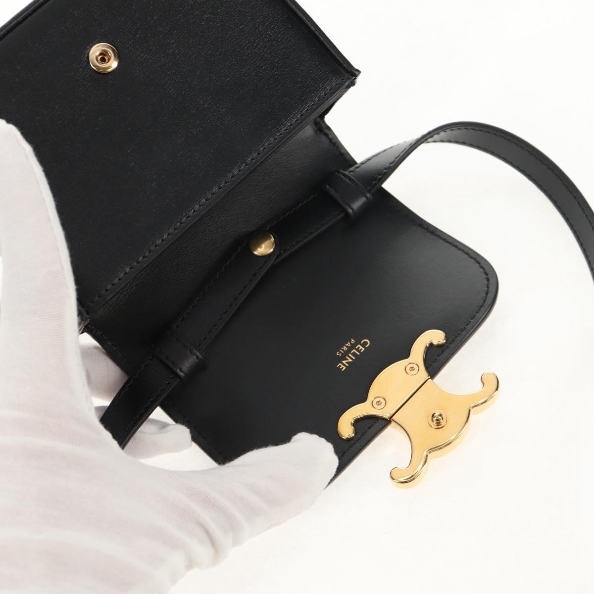 CELINE Mini Triomphe Shoulder Bag Leather Black Gold Auth TR156
