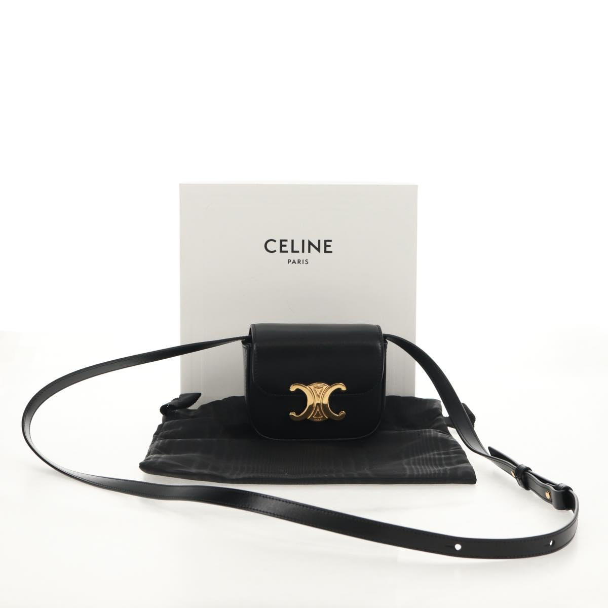 CELINE Mini Triomphe Shoulder Bag Leather Black Gold Auth TR156