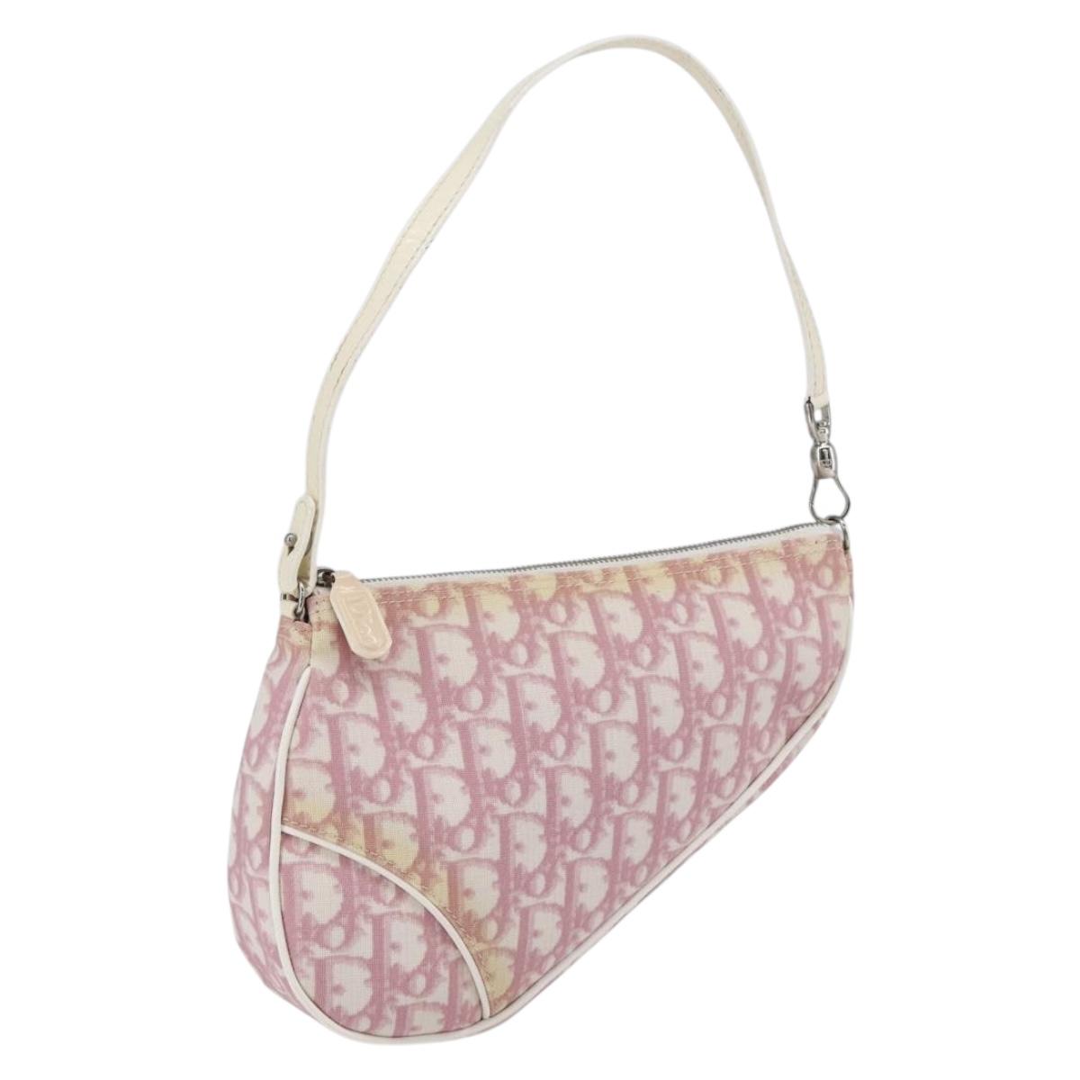 Christian Dior Trotter Canvas Saddle Pouch PVC Pink Silver Auth TR77
