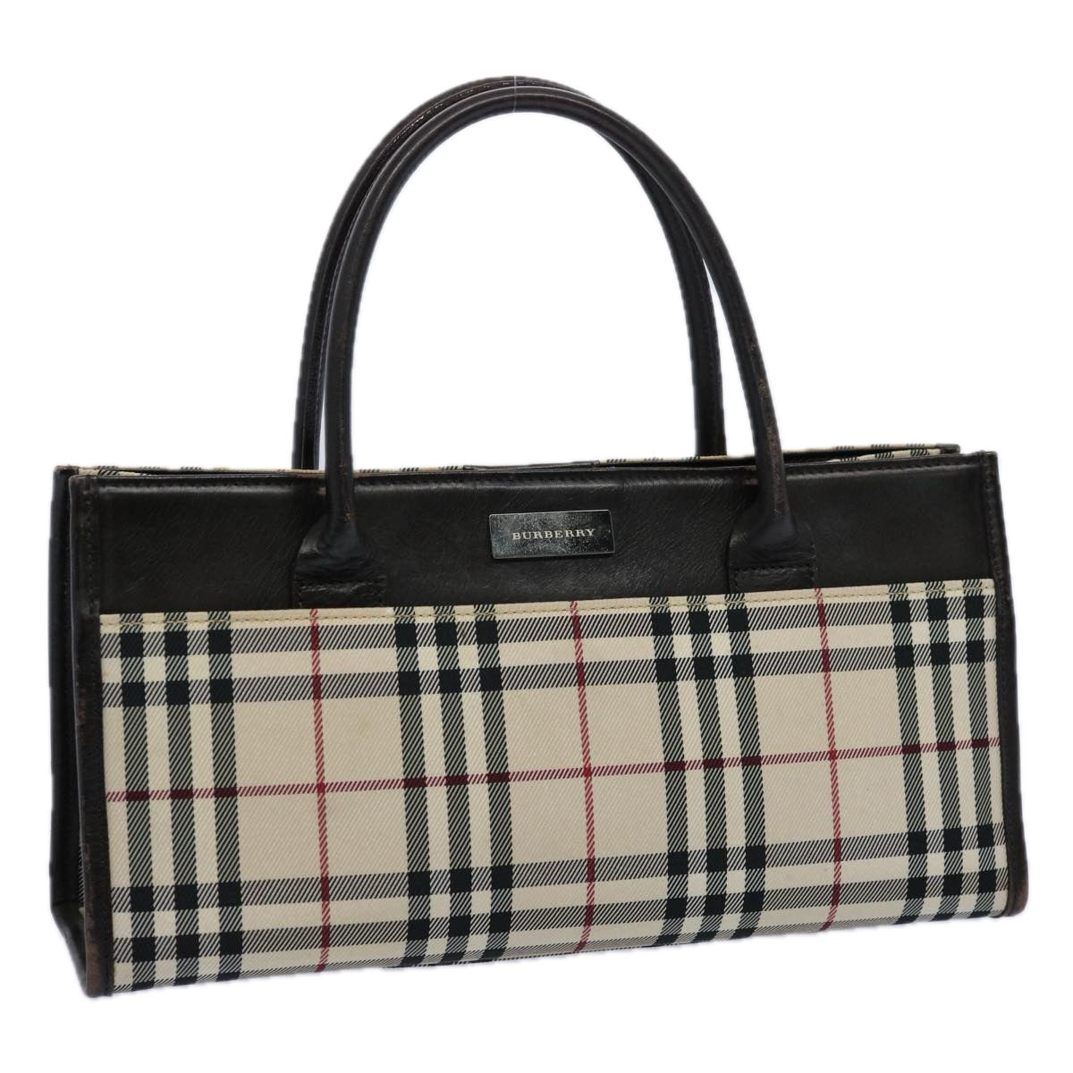 BURBERRY Nova Check Hand Bag Nylon Beige Dark Brown Auth uy141