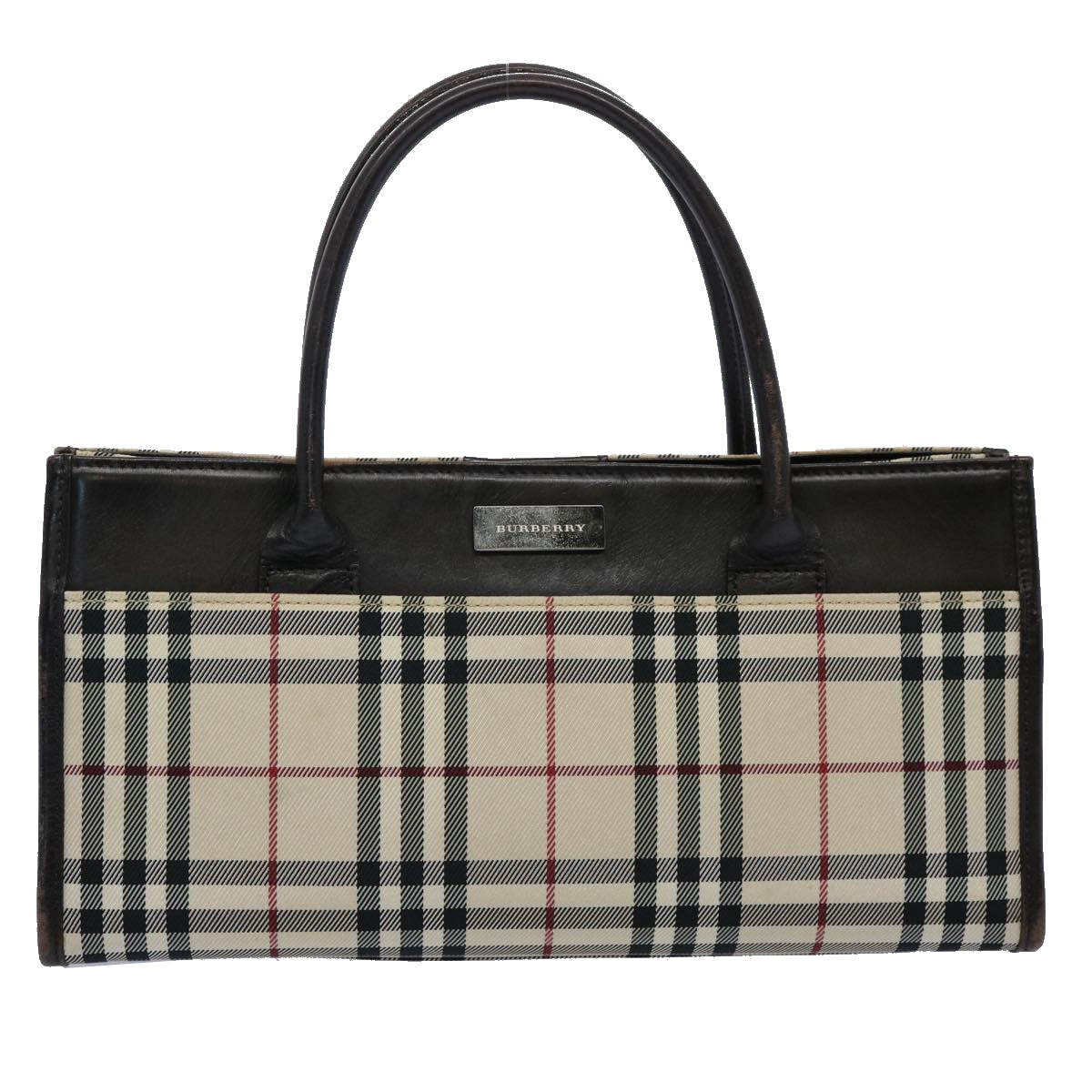 BURBERRY Nova Check Hand Bag Nylon Beige Dark Brown Auth uy141