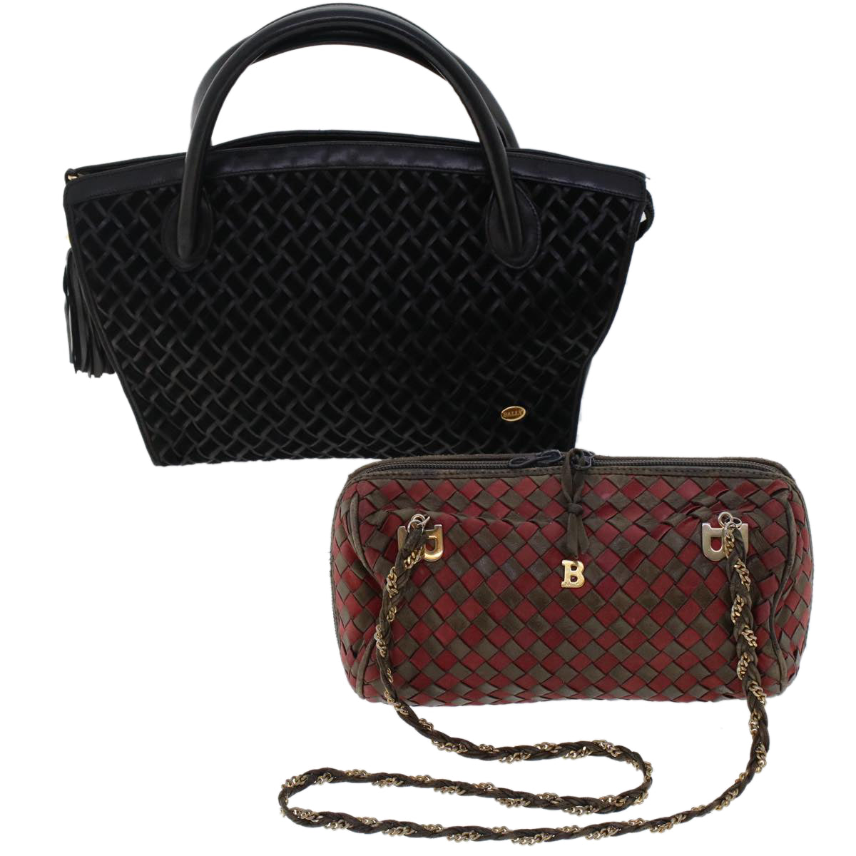 BALLY Chain Hand Bag Leather 2Set Red Black Auth yb257