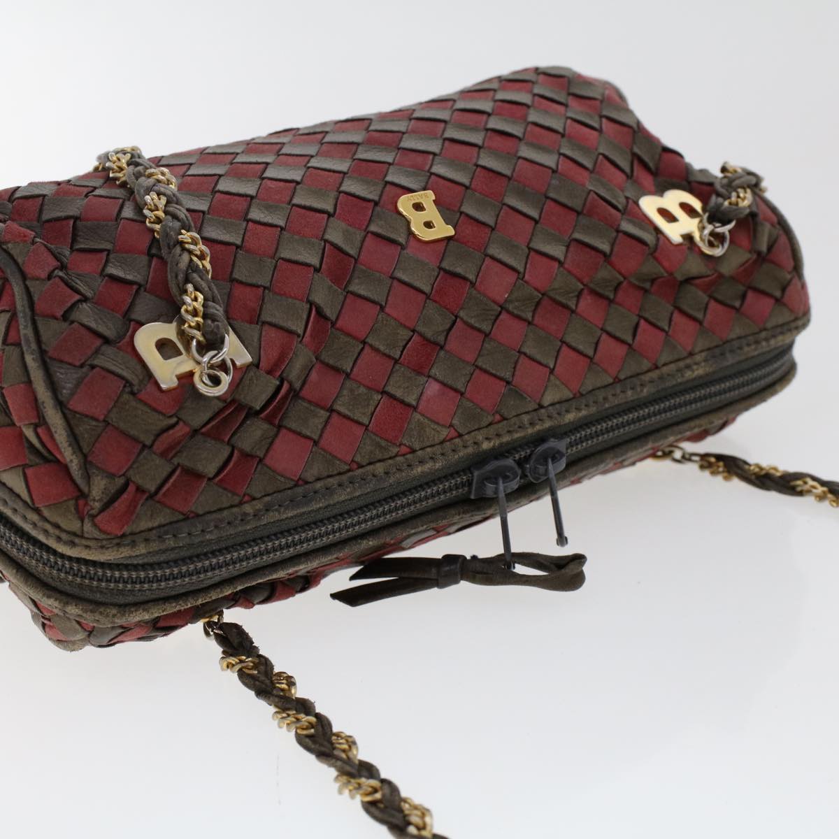 BALLY Chain Hand Bag Leather 2Set Red Black Auth yb257