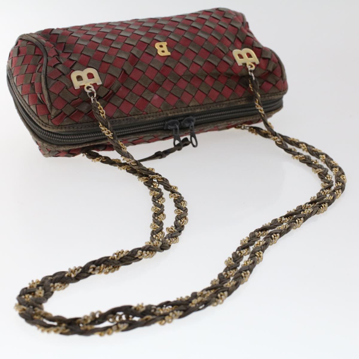 BALLY Chain Hand Bag Leather 2Set Red Black Auth yb257