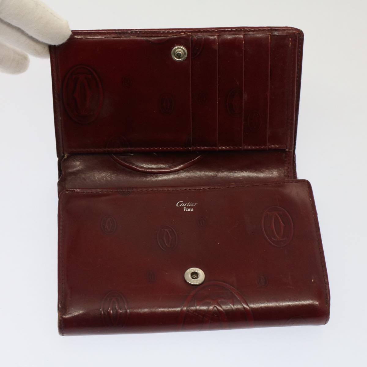 CARTIER Wallet Leather 5Set Wine Red Pink beige Auth yb338