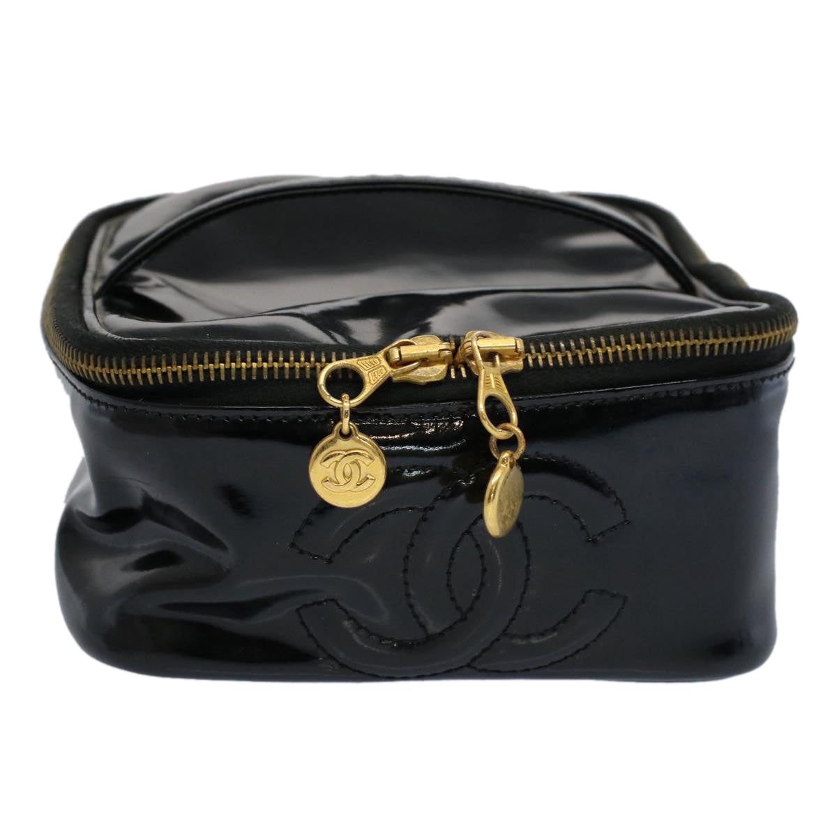 CHANEL Vanity Cosmetic Pouch Patent leather Black CC Auth yb378